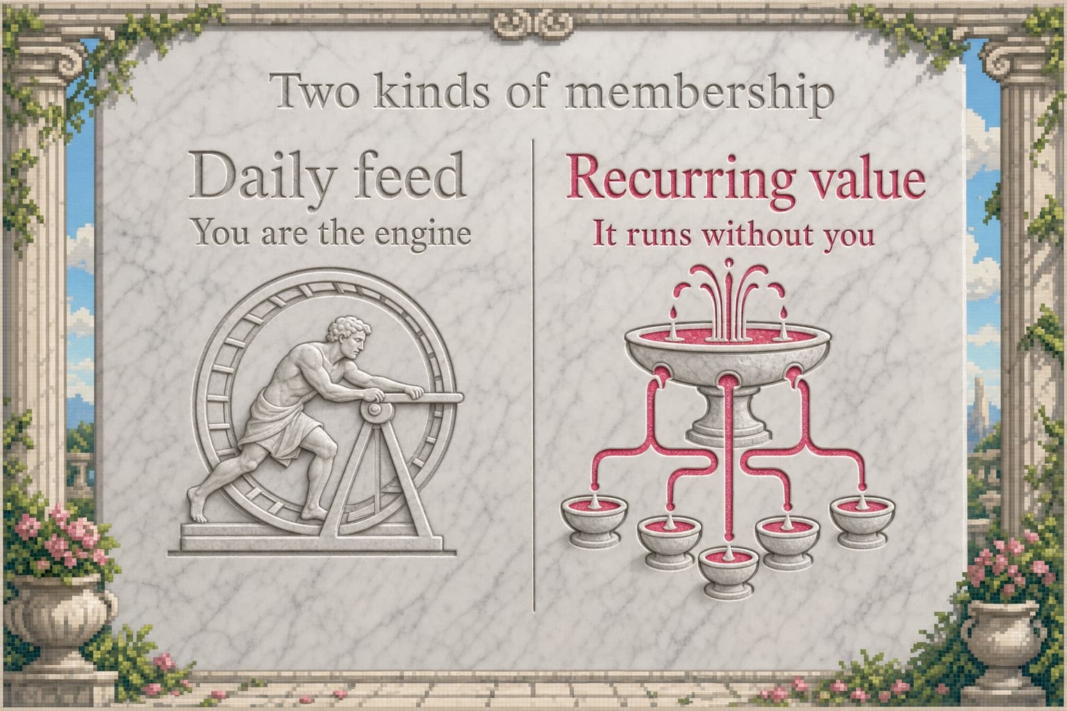 Two columns comparing a daily-feed membership and a recurring-value membership