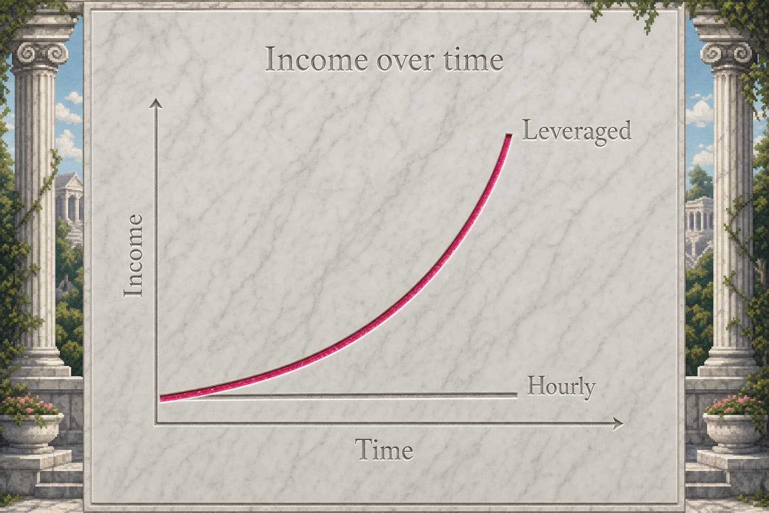 A line chart showing hourly income staying flat while leveraged income rises over time