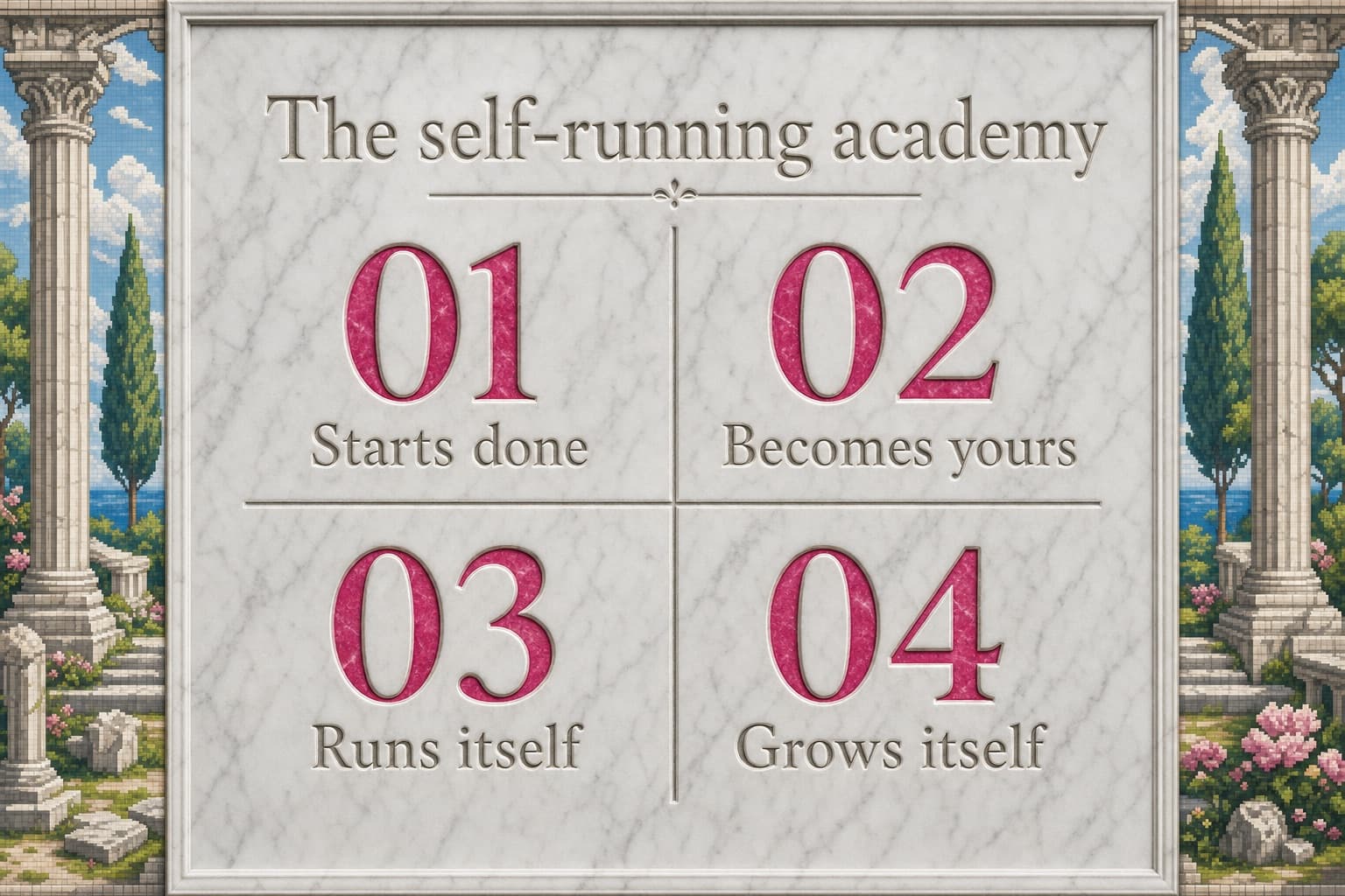 A 2x2 grid of the four properties: starts done, becomes yours, runs itself, grows itself