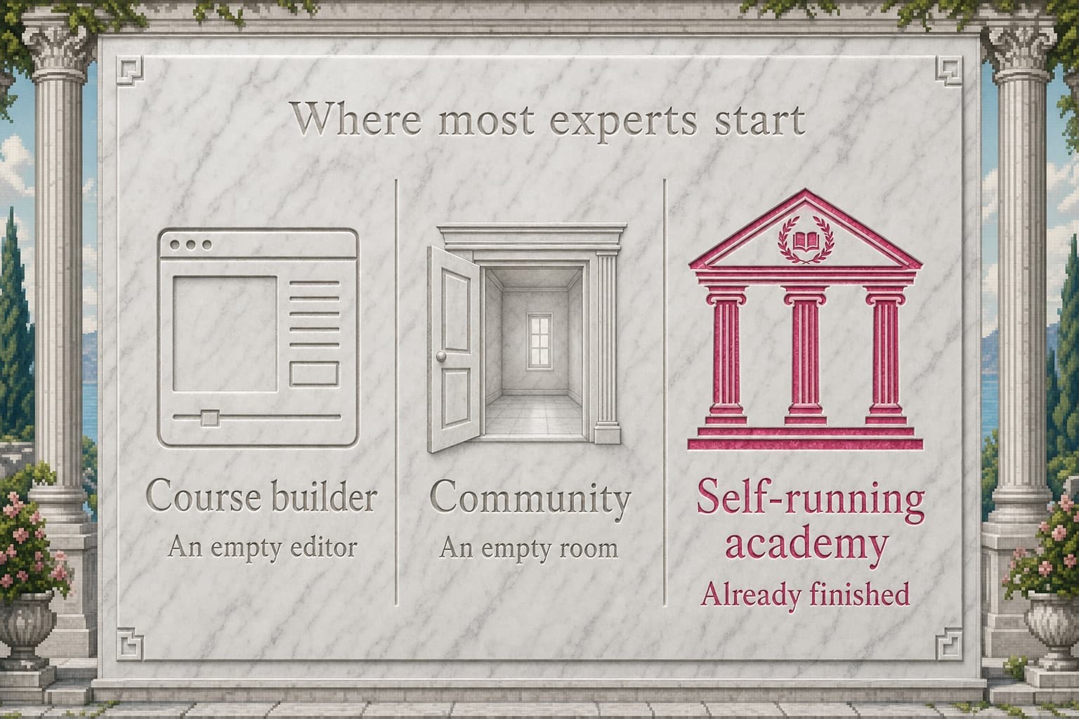 Three columns comparing a course builder, a community, and a self-running academy