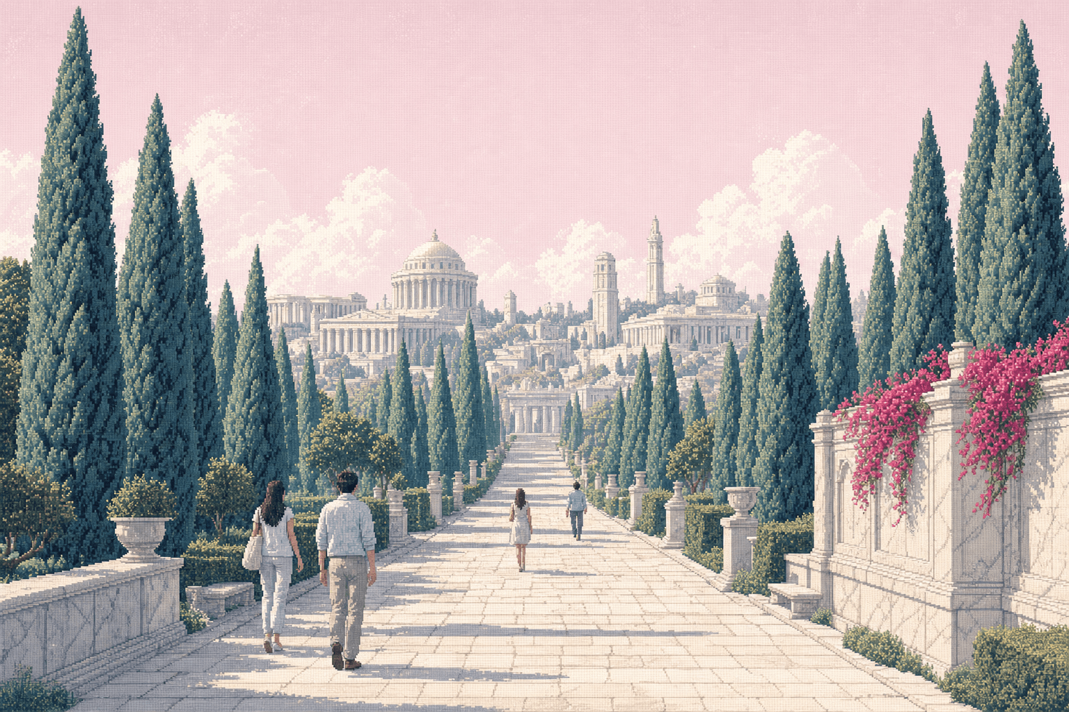 A cypress avenue leading up to the marble academy city