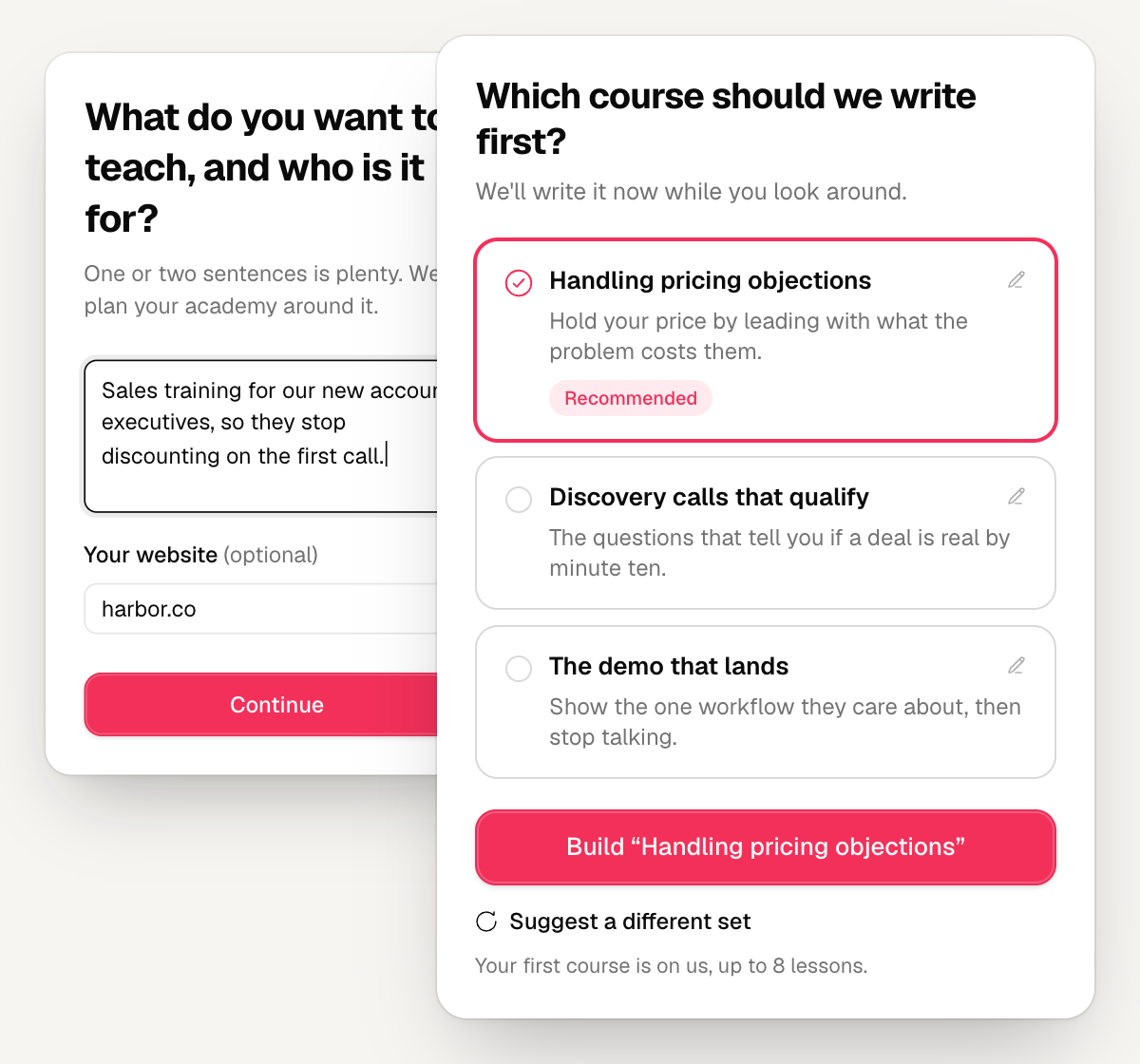 Onboarding in Fayne: the owner writes what they want to teach and who it is for, and Fayne proposes an academy of three courses with the first one recommended