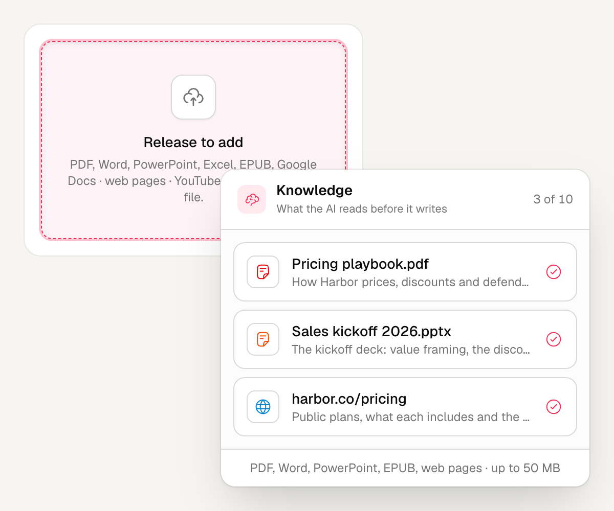 The Knowledge area: a drop zone and three sources, a PDF playbook, a PowerPoint deck and a web page, each with a short description